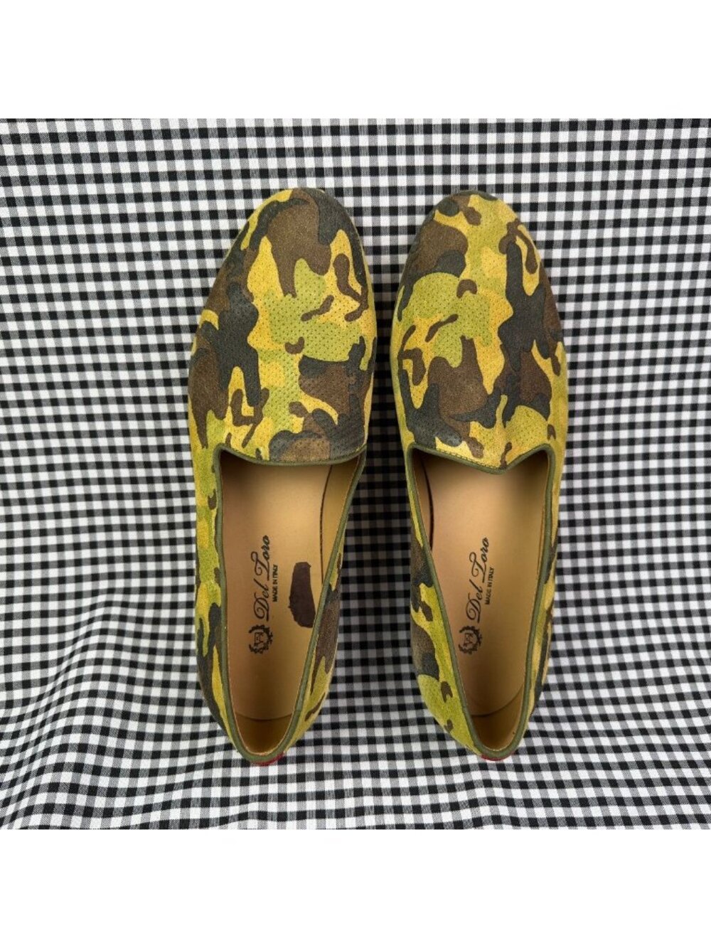 Del Toro Italy Handmade Suede Camo Loafers Size 10 Green Slip On Smoking Shoes